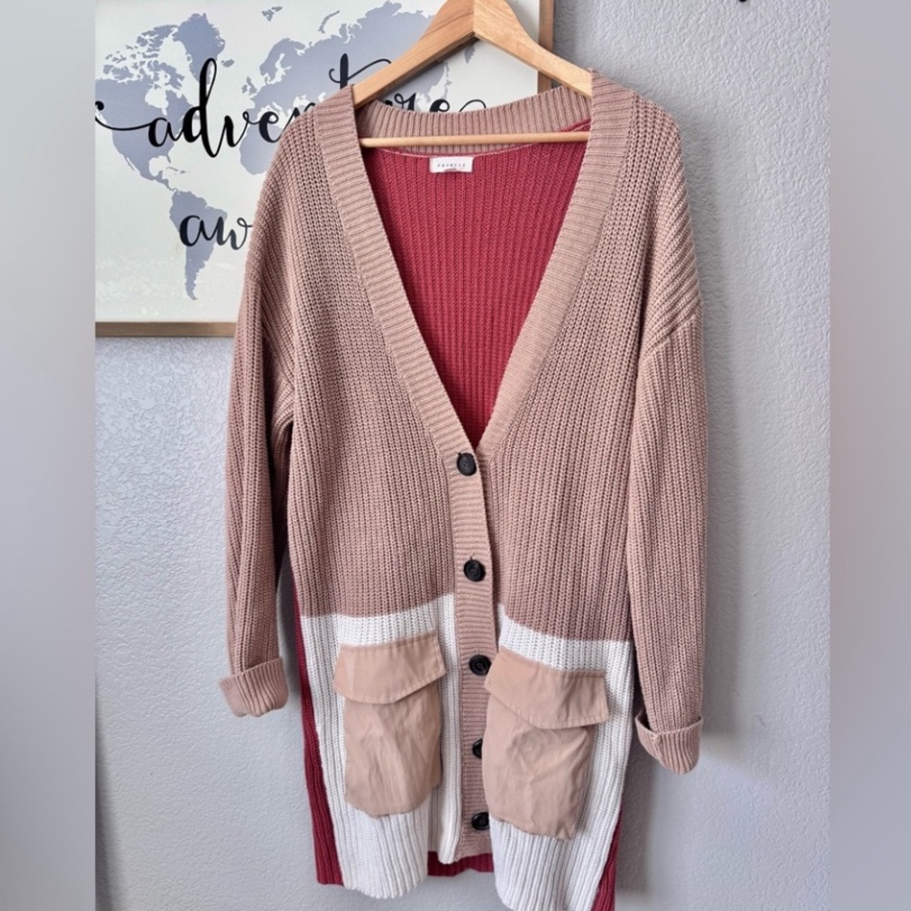 Promesa colorblock pocket long cardigan medium
